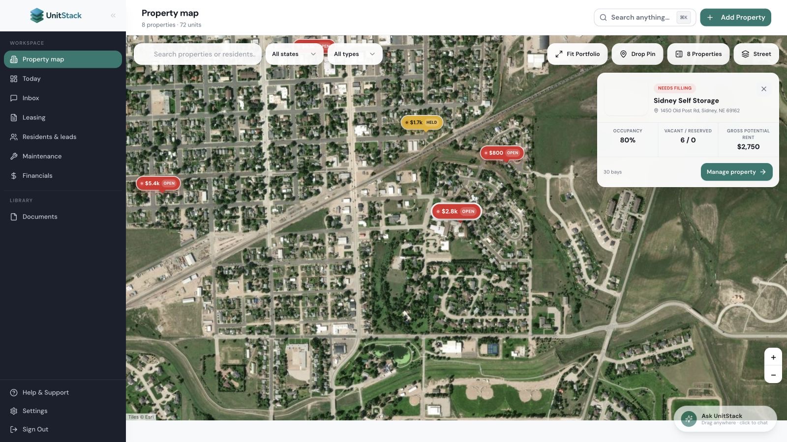 Interactive property management map for a rental portfolio