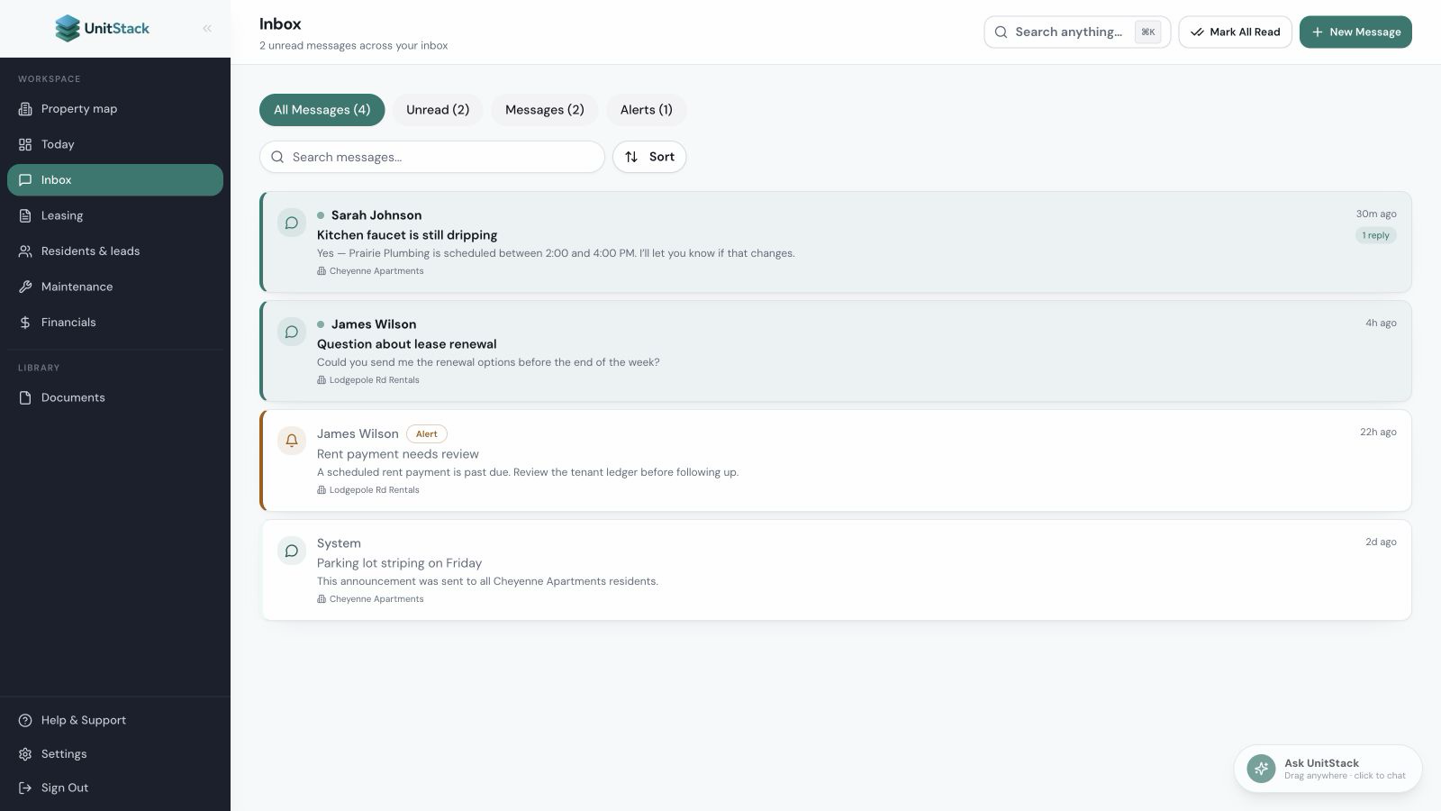 Tenant communication software inbox for property managers