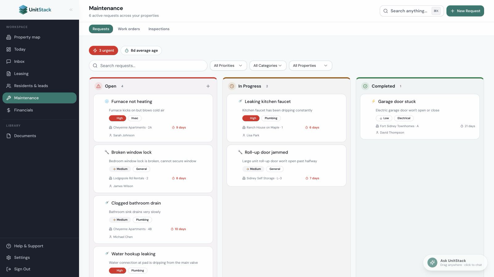 Rental property maintenance software showing requests and work status