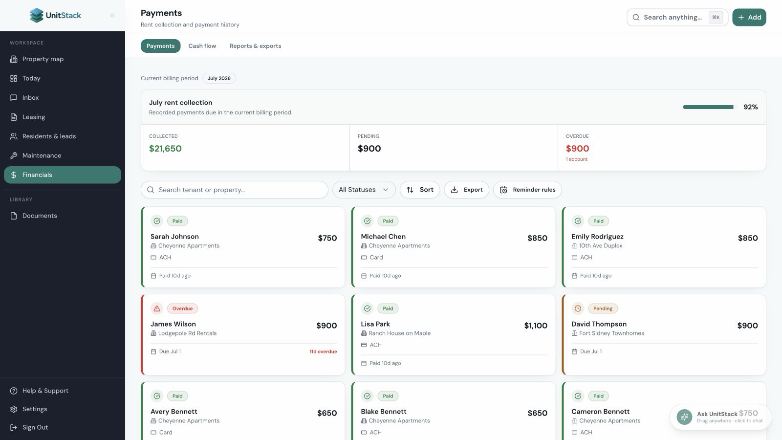 Rent tracking software showing collected pending and overdue rent
