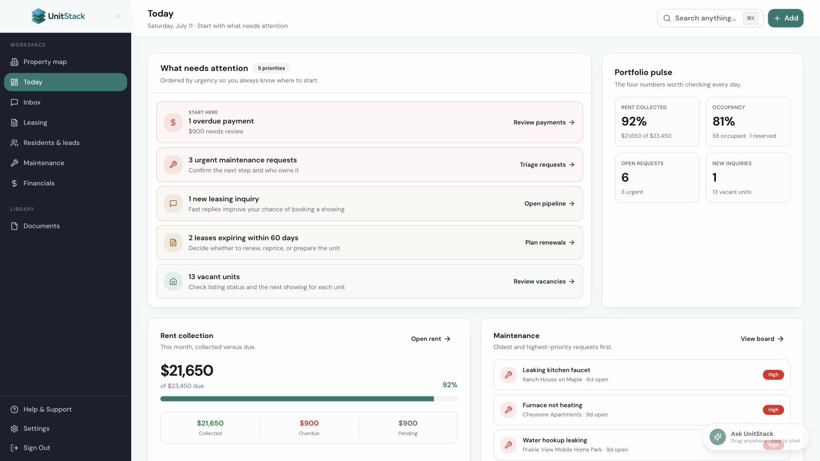 UnitStack property management software daily operations view